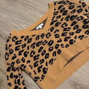 Leopard Print V-Neck Sweater - Tan and Black